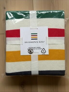 Hudson’s Bay Cotton Knit Throw Blanket Multi Stripe 50” x 60” NWT